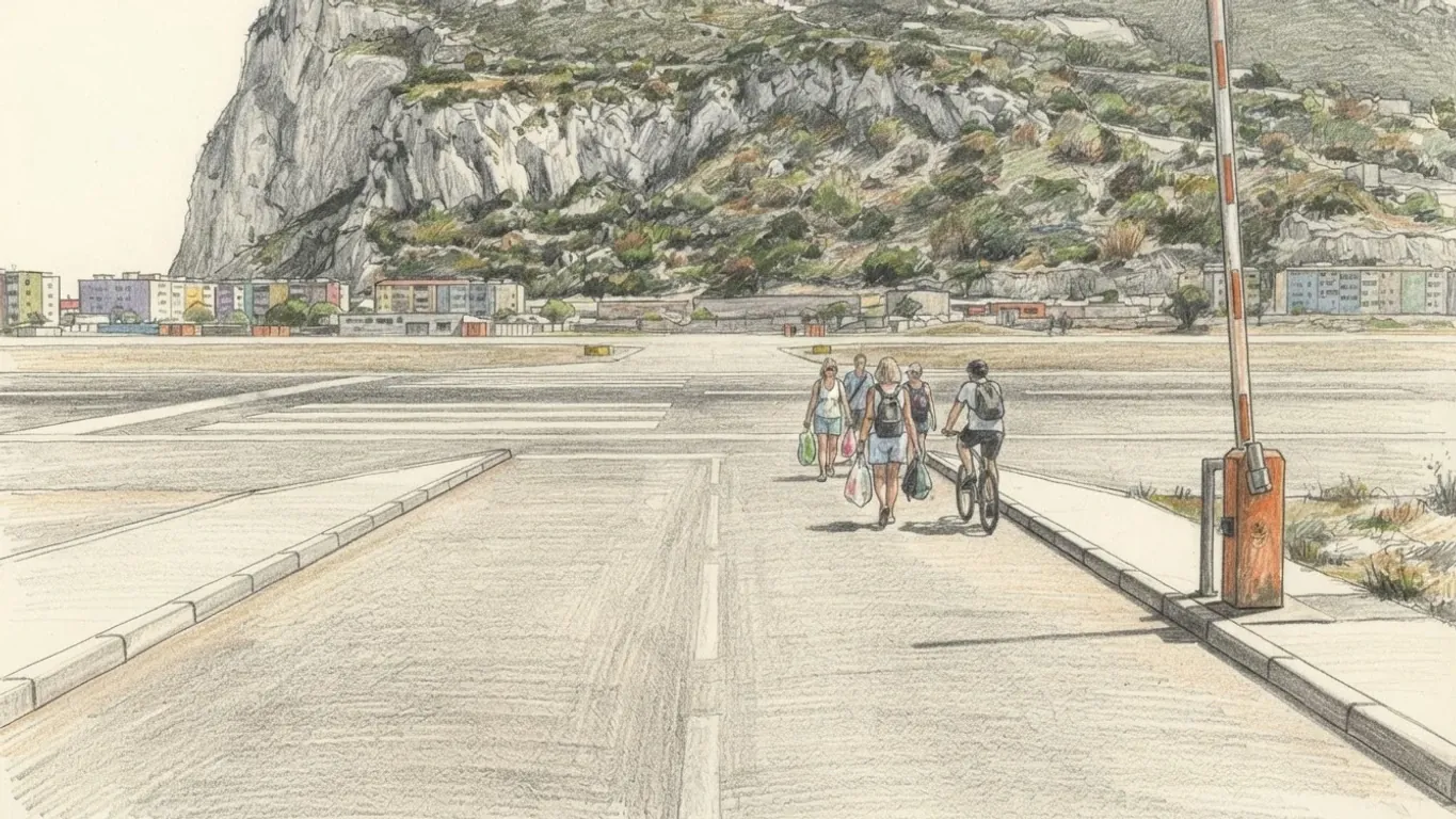 A coloured pencil drawing of people on foot and a cyclist crossing the airport runway on the road into Gibraltar, a striped barrier raised beside the road and the Rock rising behind a line of apartment blocks.