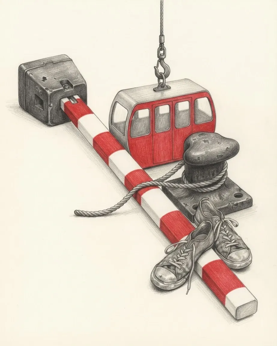 A graphite still life: a red and white striped barrier arm in its housing, a small red cable car cabin hanging from a hook, a mooring bollard with a coiled rope, and a pair of worn canvas trainers.
