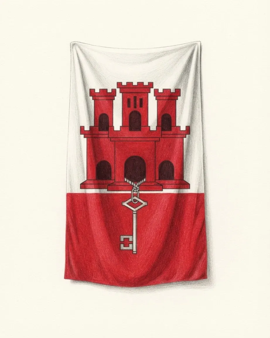 The flag of Gibraltar drawn as a hanging cloth in graphite and coloured pencil, a red three-towered castle on white above a red band, a key hanging from the castle gate.