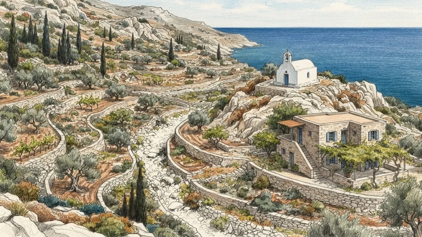 A coloured pencil drawing of a dry Greek hillside above the sea: drystone terraces planted with olives and vines, cypresses, a stone farmhouse with blue shutters under a vine pergola and a small whitewashed chapel with a bell gable on the rocks.