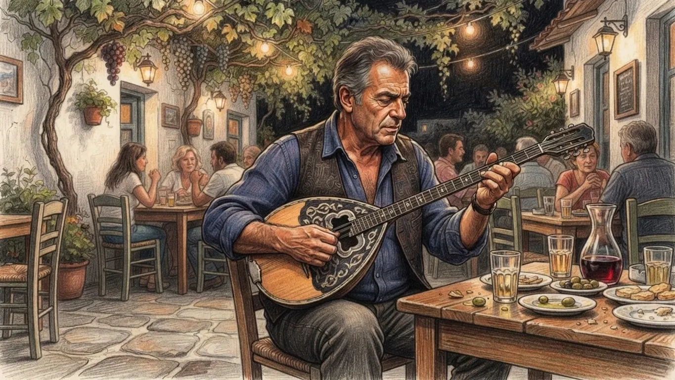 A coloured pencil drawing of a man in a blue shirt and waistcoat playing a bouzouki at a table in a taverna courtyard at night, under a vine with hanging grapes and strings of lights, diners at the tables behind.
