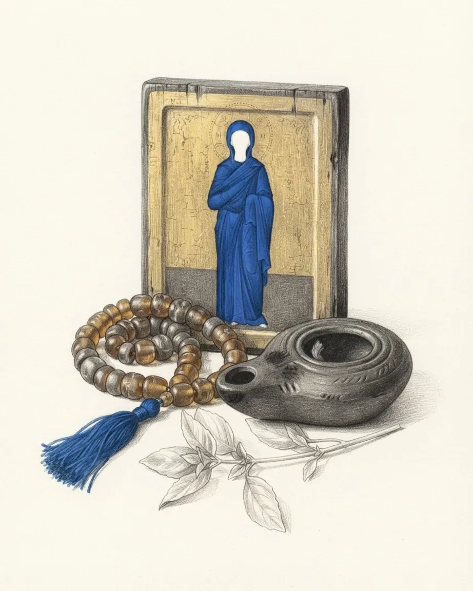 A graphite still life: an icon on a wooden panel of a robed figure in blue on a gold ground, a string of amber worry beads with a blue tassel, a small clay oil lamp and a sprig of basil.