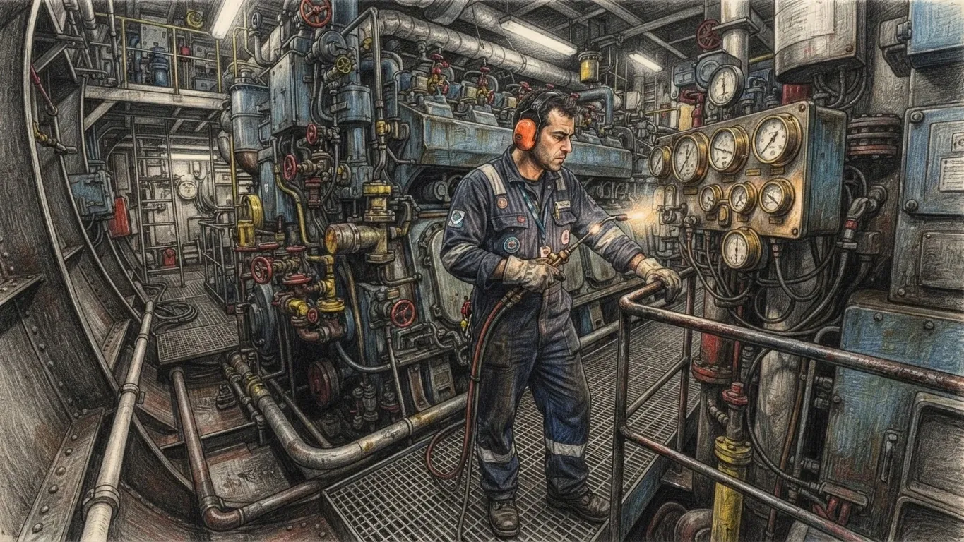 A coloured pencil drawing of an engineer in overalls, gloves and ear defenders on a grated walkway in a ship's engine room, among pipework, valves and a panel of pressure gauges.
