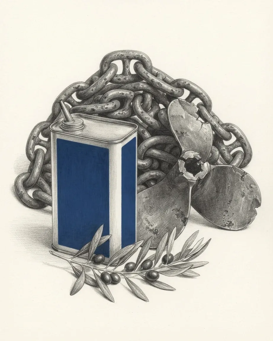 A graphite still life: a heap of heavy anchor chain, a broken bronze propeller resting against it, a tall olive oil tin with blue sides and a pouring spout, and a sprig of olive with dark fruit across the front.