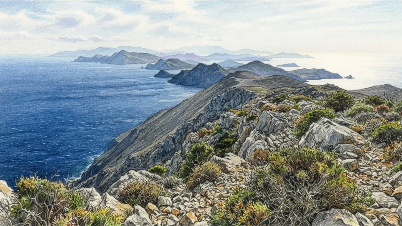 A coloured pencil drawing from a rocky scrub-covered ridge looking along a mountainous coast, headlands and islands fading into the haze across a deep blue sea.