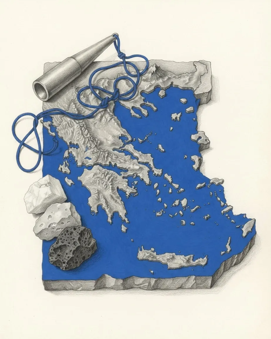 A graphite still life: a relief model of Greece with the Aegean laid in blue among its islands, a metal tube on a blue cord, and three stones, one of them dark pumice.