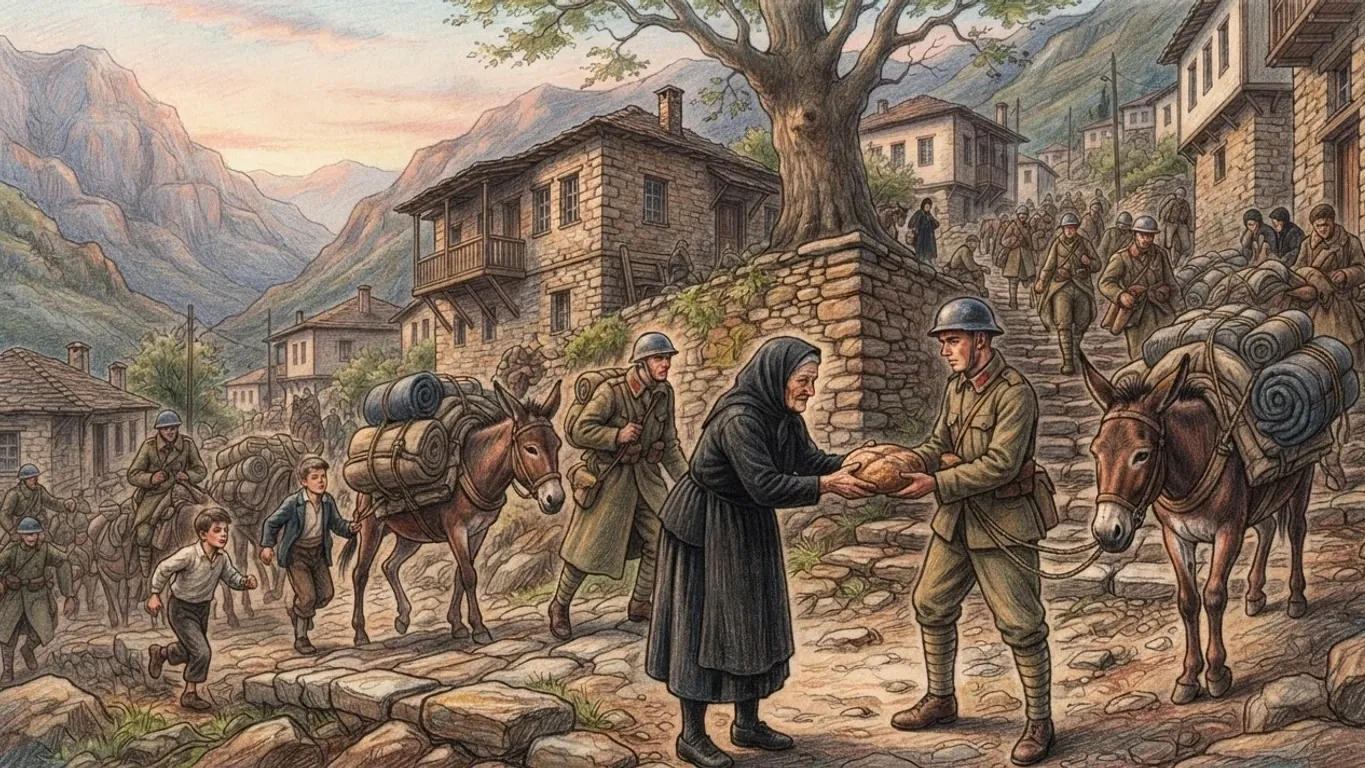 A coloured pencil drawing of a mountain village street at dawn, soldiers in khaki greatcoats and steel helmets leading mules loaded with rolled blankets up a stone track while an old woman in a black headscarf hands a round loaf to a young soldier and boys run alongside.