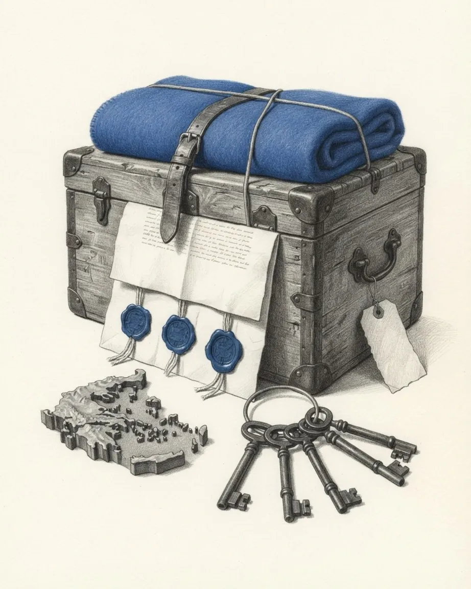 A graphite still life: an iron-bound wooden trunk with a rolled blue blanket strapped on top, a document hung with three blue wax seals, a ring of old iron keys, a blank luggage tag and a small relief model of Greece.