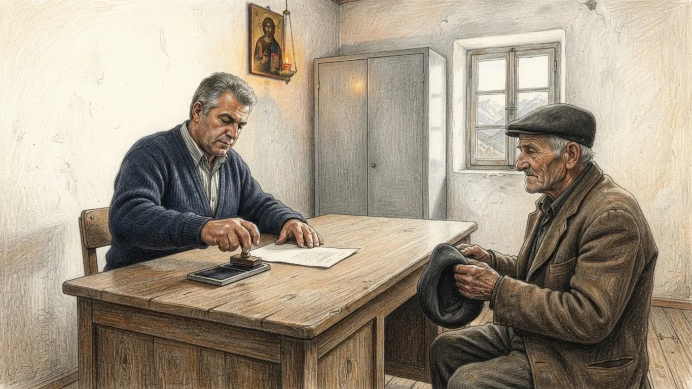 A coloured pencil drawing of a whitewashed village office, a clerk in a blue cardigan pressing a rubber stamp at a wooden desk while an old man in a flat cap sits opposite holding his hat, an icon with a hanging oil lamp and a grey cupboard behind them.