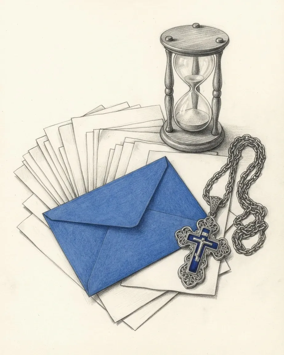 A graphite still life: a fan of white ballot slips with a blue envelope on top, a wooden hourglass, and a silver pectoral cross on a chain, enamelled in blue.
