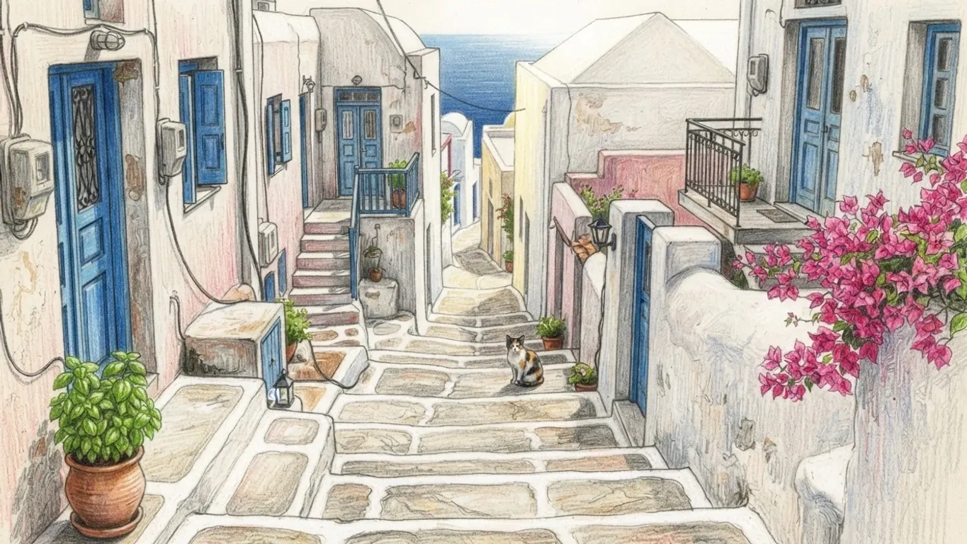 A coloured pencil drawing of a whitewashed stepped lane in a Cycladic village looked along towards the sea, blue doors and shutters, pots of basil, bougainvillea and a cat sitting on the steps.