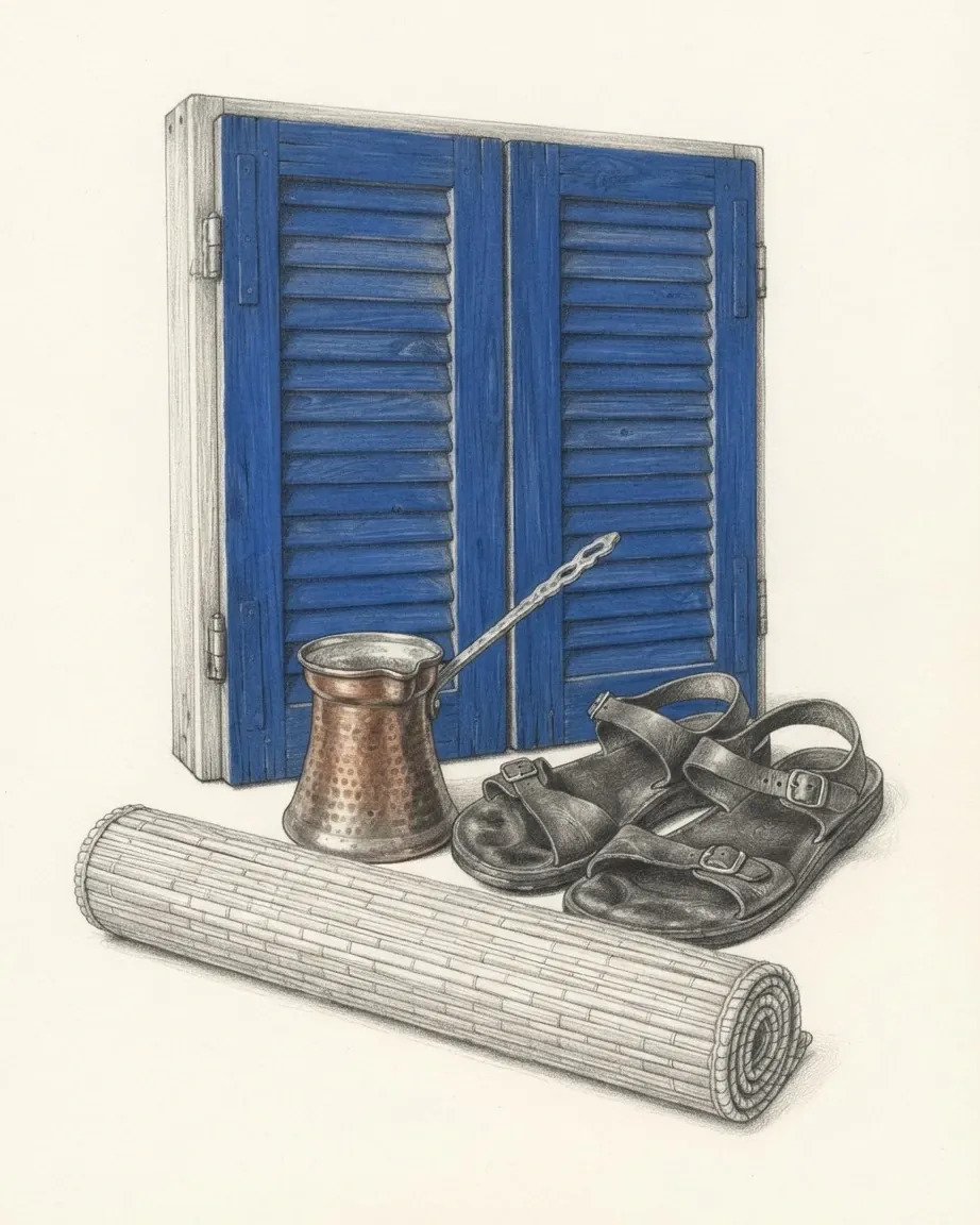 A graphite still life: a pair of blue louvred wooden shutters, a hammered copper coffee pot with a long handle, a pair of worn leather sandals and a rolled reed beach mat.