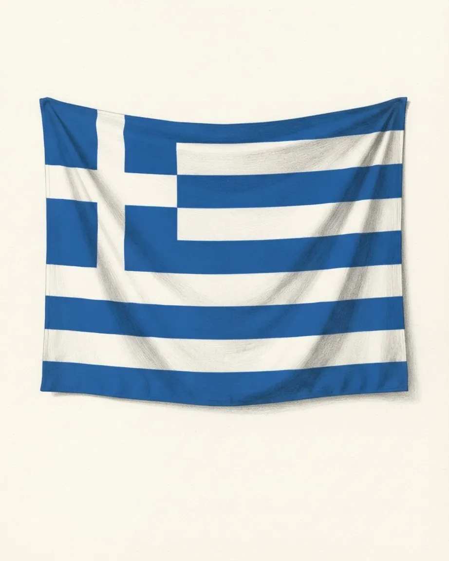 The flag of Greece drawn as a hanging cloth in graphite and blue pencil, its nine blue and white stripes falling in soft folds, with a white cross on the blue square in the upper corner by the hoist.