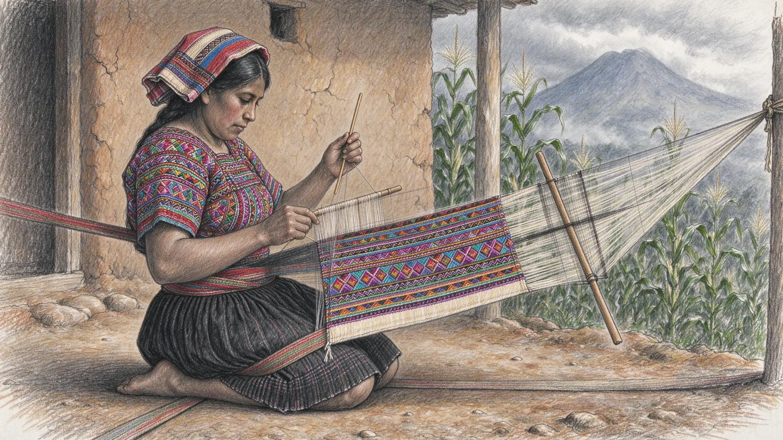 Coloured pencil drawing of a woman in a brocaded blouse, a folded striped head cloth and a dark pleated skirt kneeling in the yard of an adobe house, weaving a band of bright diamond patterns on a backstrap loom tied to a wooden post, with maize and a volcano under cloud beyond.