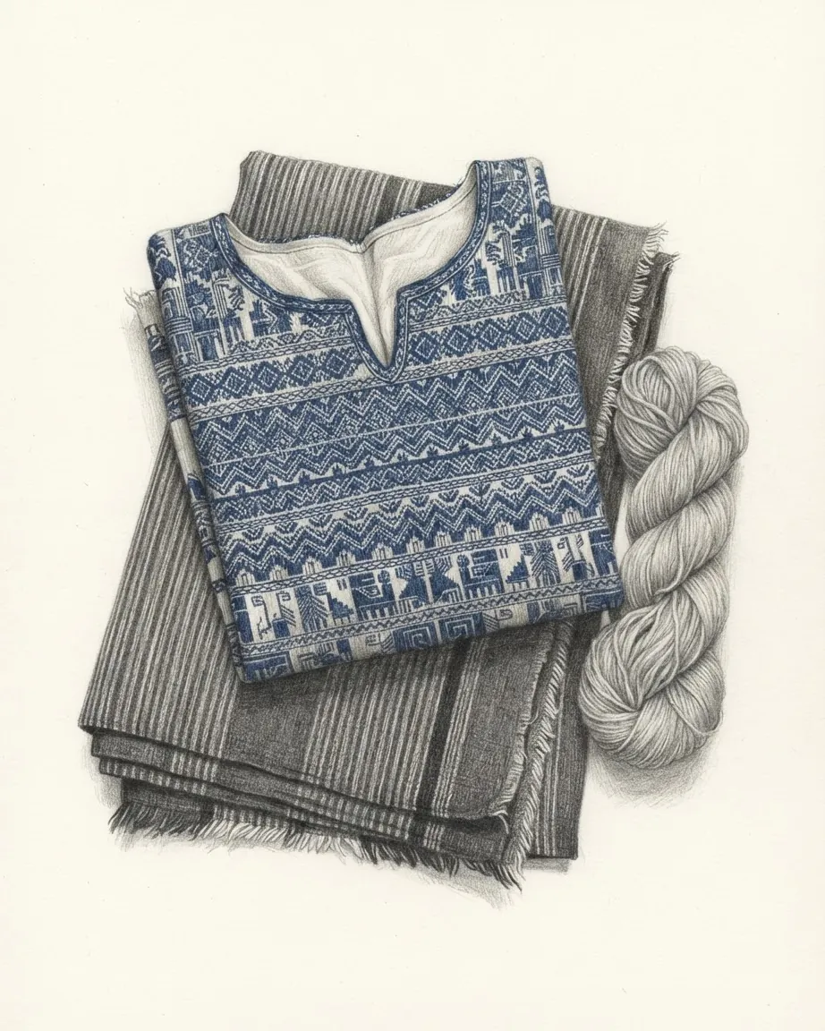 Pencil drawing of a folded woman's blouse woven with dense blue bands of zigzags, diamonds and small figures, lying on a folded wrap skirt of grey striped cotton with fringed ends, beside a twisted hank of hand-spun cotton yarn.