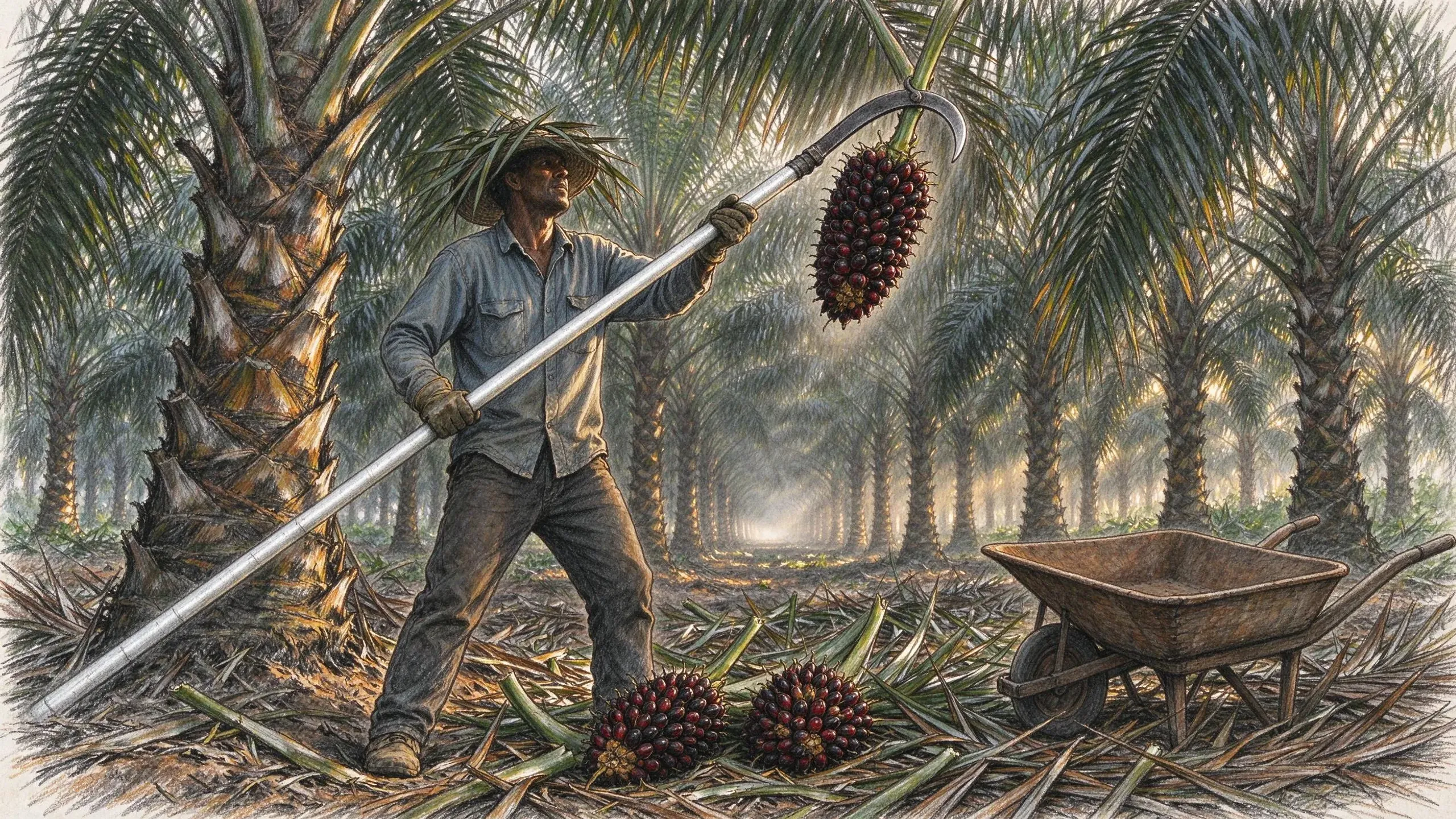 Coloured pencil drawing of a harvester in a work shirt, a straw hat, gloves and boots in an oil palm plantation, hooking a heavy bunch of dark red fruit from the crown with a sickle on a long aluminium pole, two cut bunches on the ground among fallen fronds and an empty wheelbarrow beside him, with rows of palms behind in the early light.