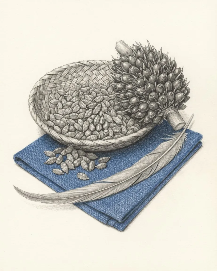Pencil drawing of a woven palm basket heaped with dried cardamom pods, a few spilled onto a folded blue cotton cloth, a bunch of oil palm fruit resting against the basket and a long grey feather lying across the cloth.