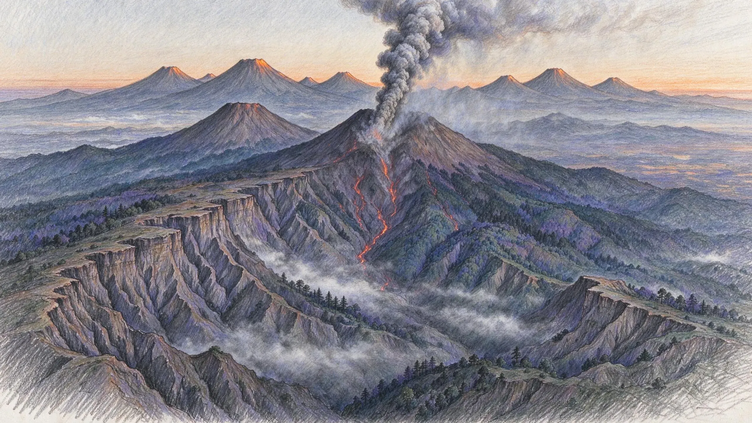Coloured pencil drawing of a row of volcanic cones seen from high above at dawn, the nearest one erupting with a column of grey ash and streams of glowing lava down its flank, standing above a tableland cut by sheer ravines filled with mist.