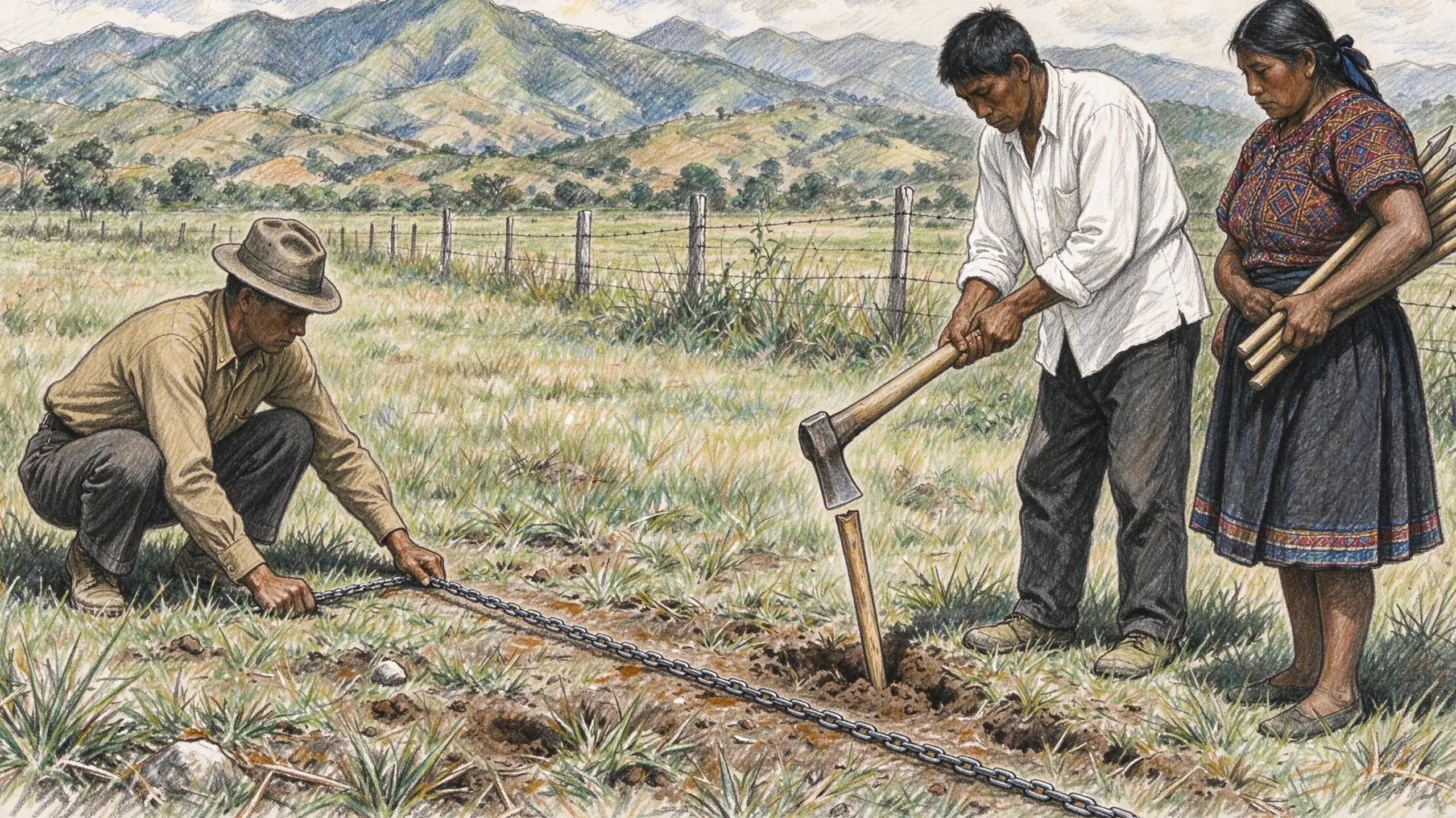 Coloured pencil drawing of a man in a khaki shirt and felt hat crouching to hold a steel measuring chain taut across rough pasture, a farmer in a white shirt driving a wooden stake into the ground with an axe and a woman in an embroidered blouse and wrap skirt holding more stakes, beside a barbed wire fence below green hills.