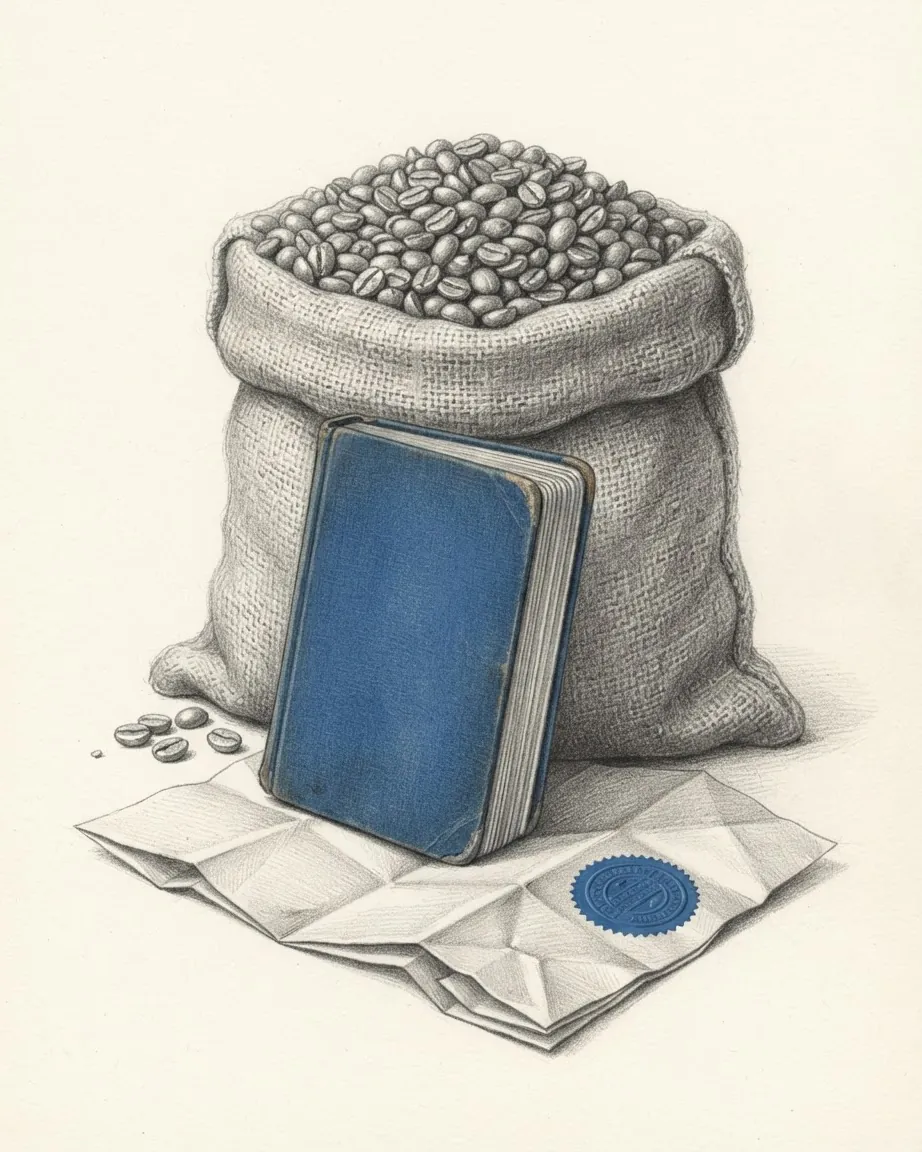 Pencil drawing of a jute sack heaped with green coffee beans, a few spilled at its foot, a small worn booklet bound in blue cloth leaning against it and a folded paper certificate with a blue embossed seal lying beneath.