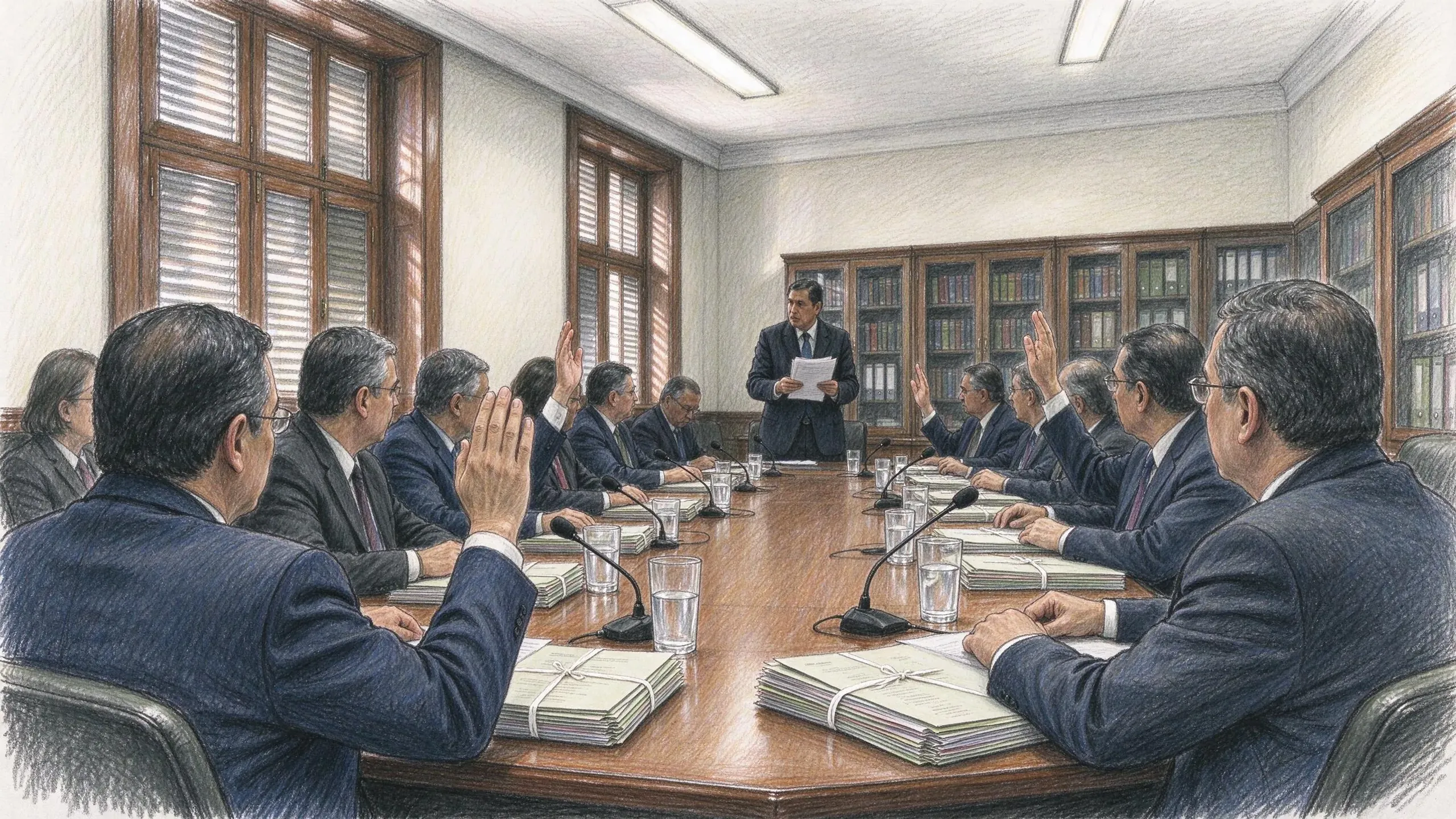 Coloured pencil drawing of men in dark suits around a long polished table in a council room, several raising a hand to vote, with microphones, water glasses and bundles of tied dossiers in front of them, a man standing at the far end reading from papers, and glass-fronted bookcases and shuttered windows behind.