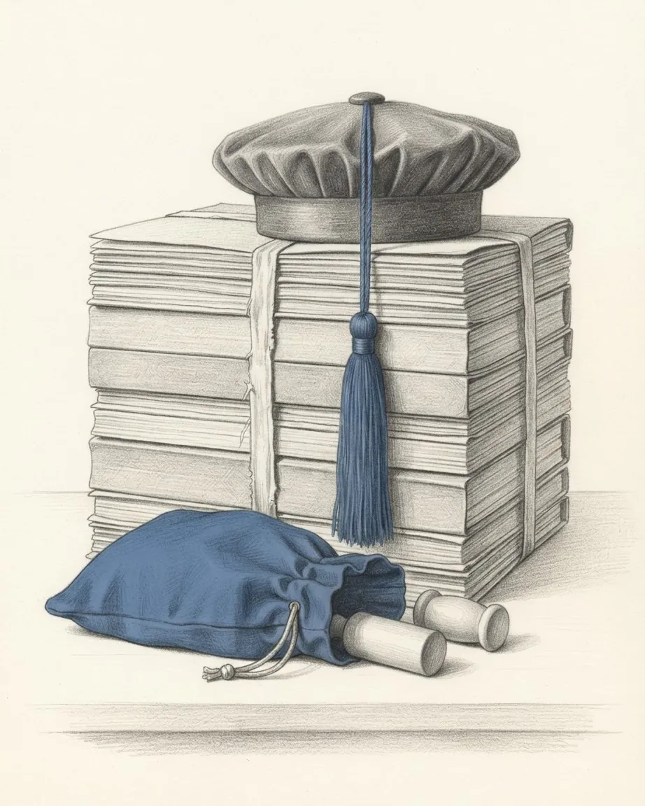 Pencil drawing of a stack of card dossiers tied crosswise with cotton tape, a soft pleated doctoral cap with a long blue tassel resting on top and a blue drawstring bag lying open in front with two turned wooden lots rolled out of it.