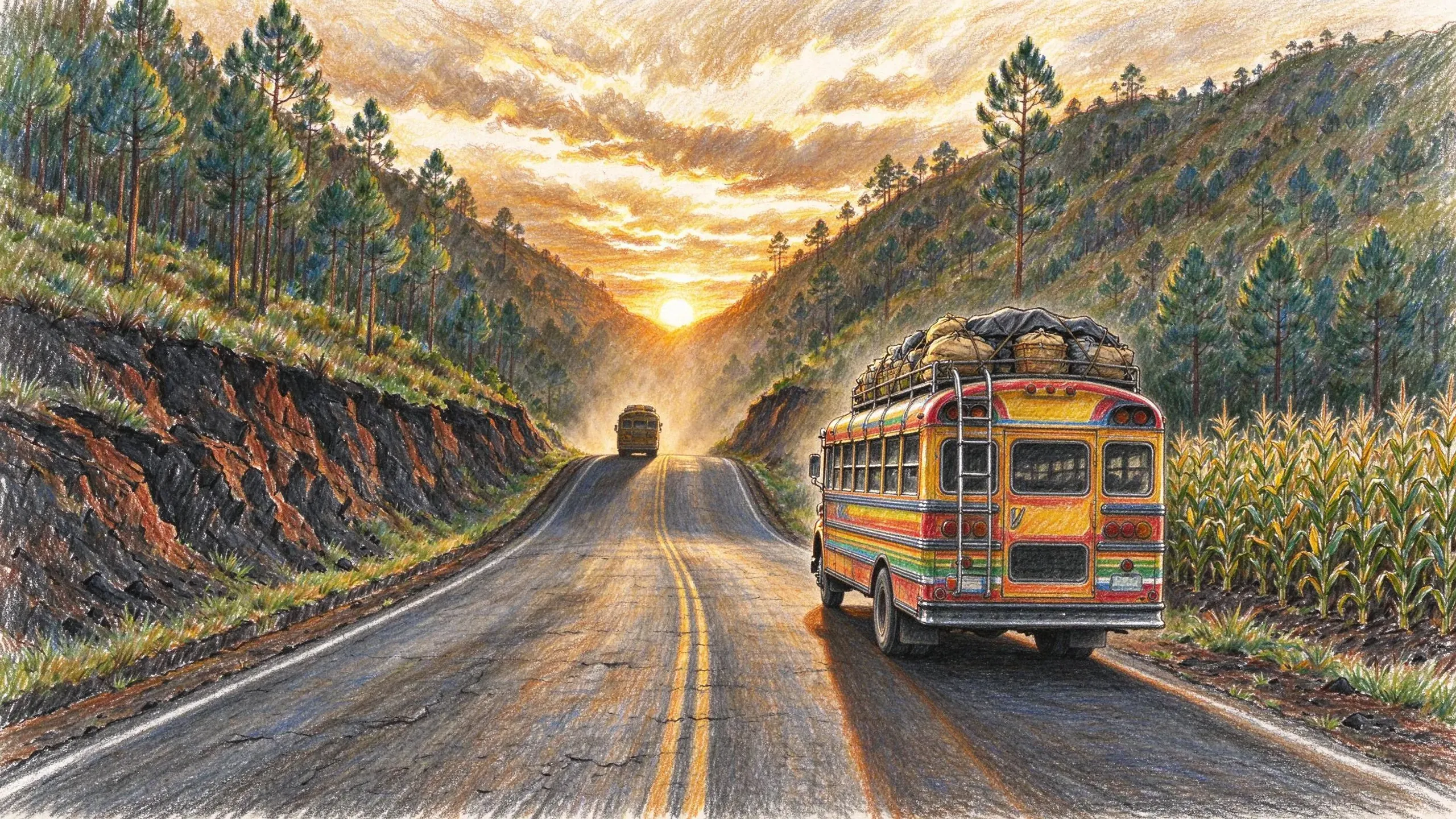 Coloured pencil drawing looking along a two-lane highland road at sunset, a former school bus painted in bright stripes with sacks lashed to its roof rack driving away up the road past a strip of maize, another bus ahead in the dust, and pine woods on steep cut banks of dark volcanic soil.