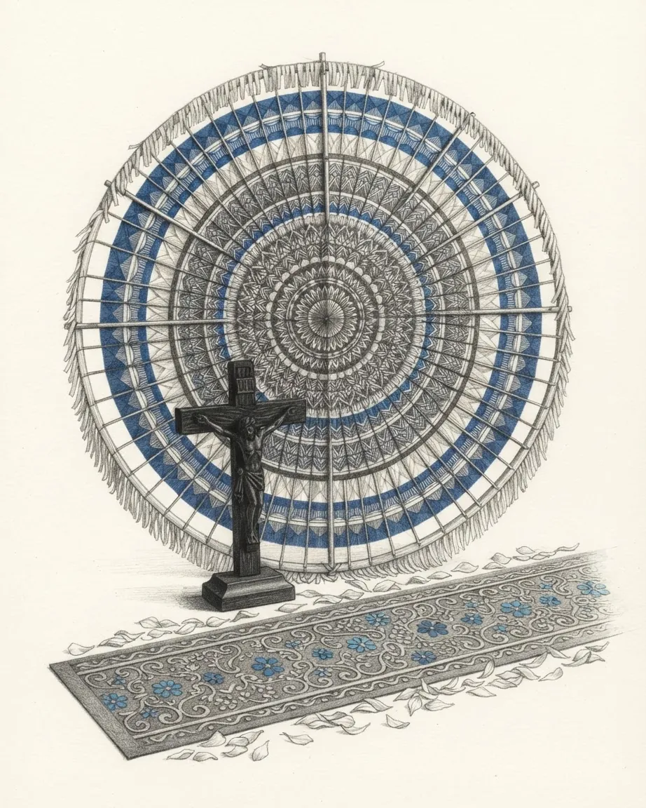 Pencil drawing of a giant round kite of tissue paper on a split bamboo frame, patterned in concentric rings with blue bands and a fringe of cut paper, a dark wooden crucifix standing in front of it and a long carpet of patterned sawdust with blue flowers on the ground, scattered with petals.
