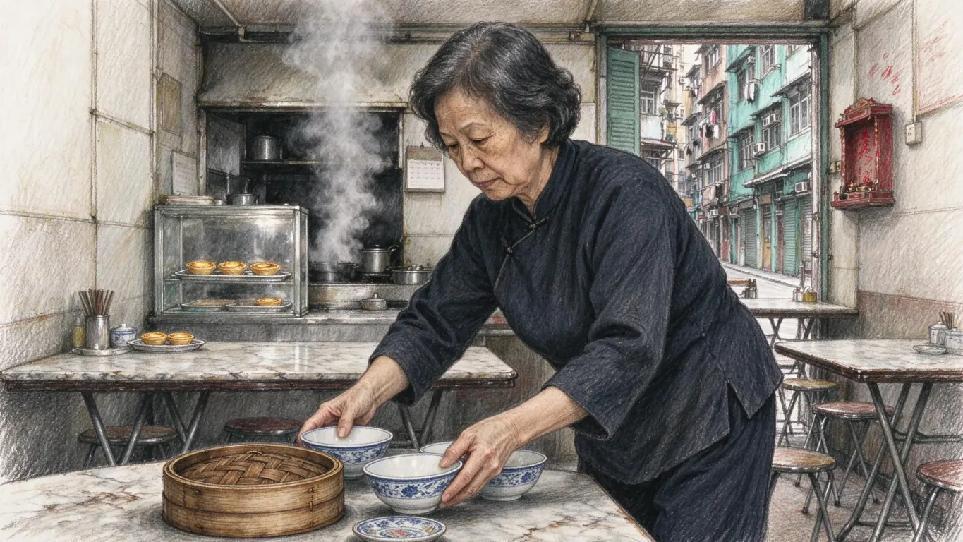 A woman in a dark jacket sets out bowls and a bamboo steamer on a marble table in a small restaurant open to the street, steam rising from the kitchen behind.