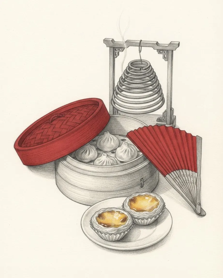 A graphite still life: a bamboo steamer with dumplings and its red lid tilted open, a spiral incense coil on a wooden frame, a red folding fan and a plate of two egg tarts.