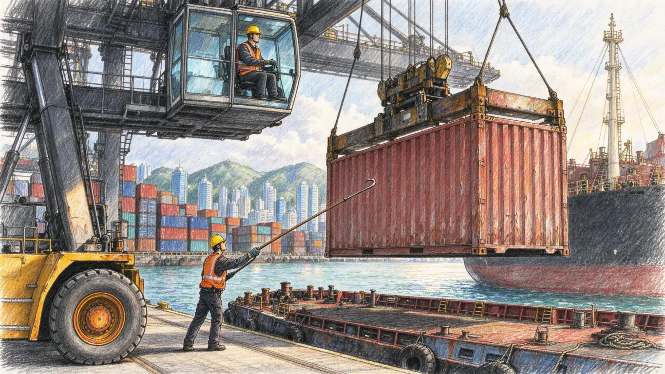 A crane lifts a red container off a barge at a busy port, a worker guiding it with a pole and stacks of containers and hills beyond.