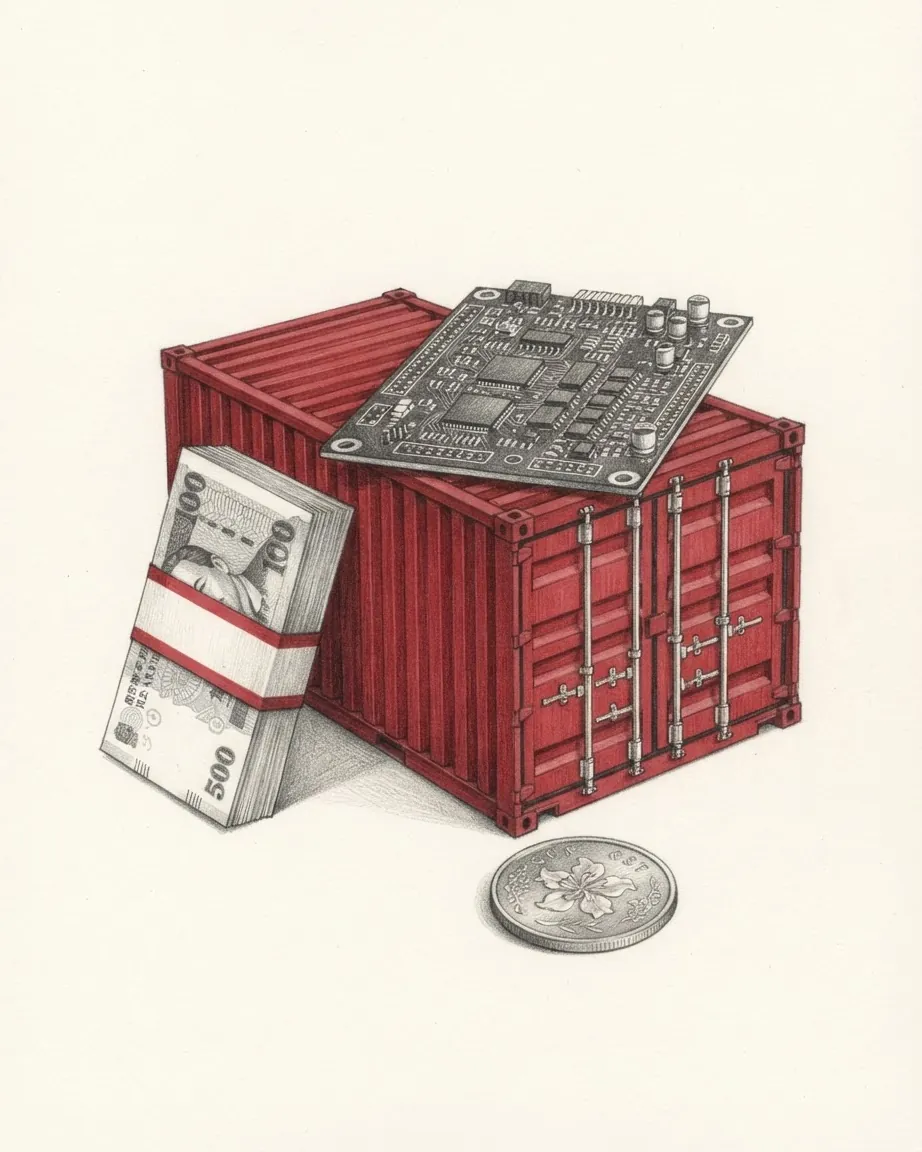 A red shipping container with a circuit board on top, a bundle of banknotes and a coin in front.