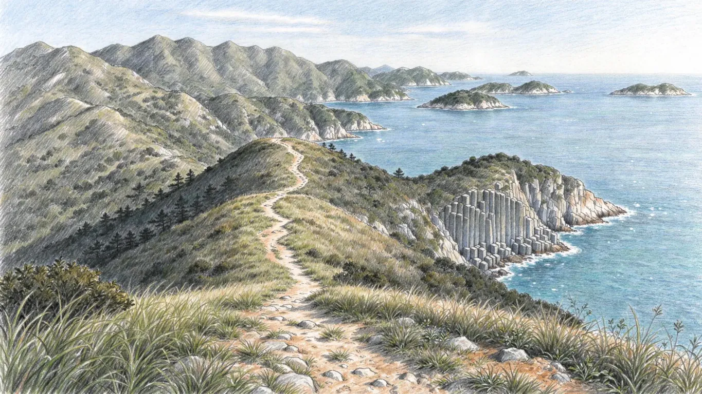 A coloured pencil view along a grassy ridge path above sea cliffs of columnar rock, small islands scattered across a blue sea.