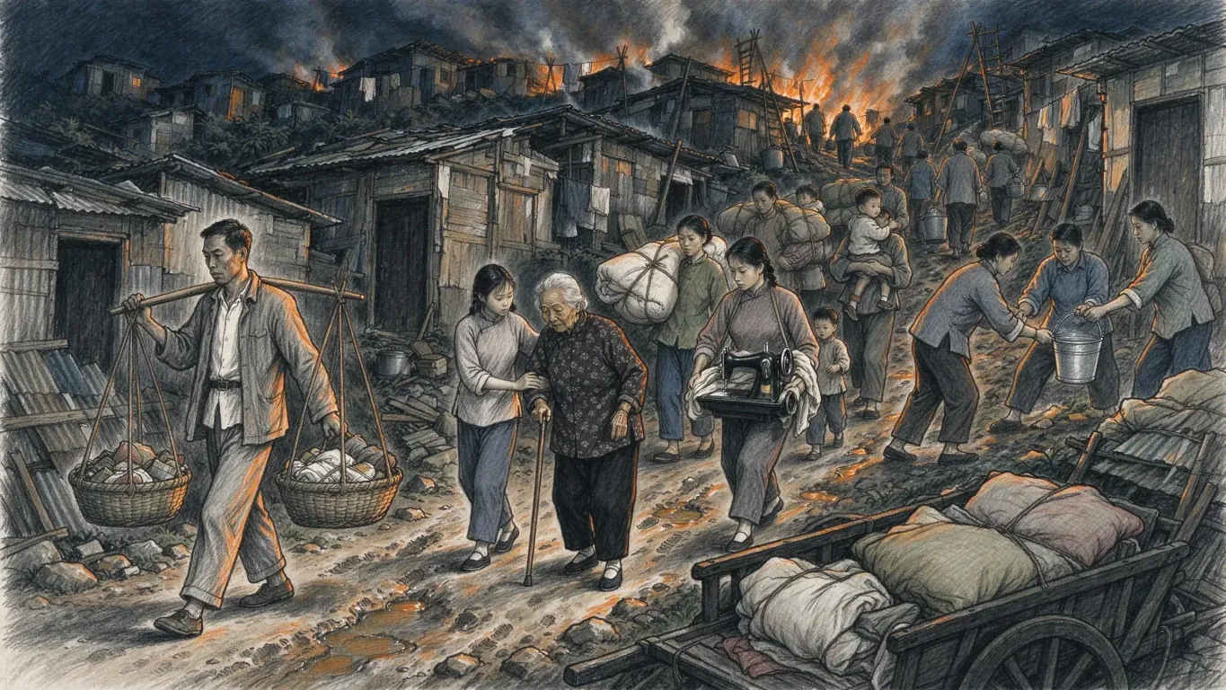 Families carrying bundles and baskets flee through a squatter settlement on a hillside as fire spreads through the shacks behind them.