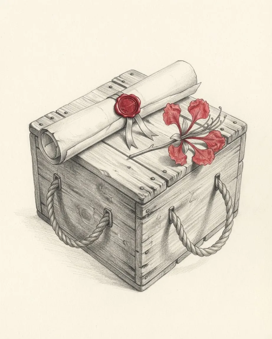 A graphite still life: a wooden chest with rope handles, a rolled document sealed with red wax on its lid and a red bauhinia flower beside it.