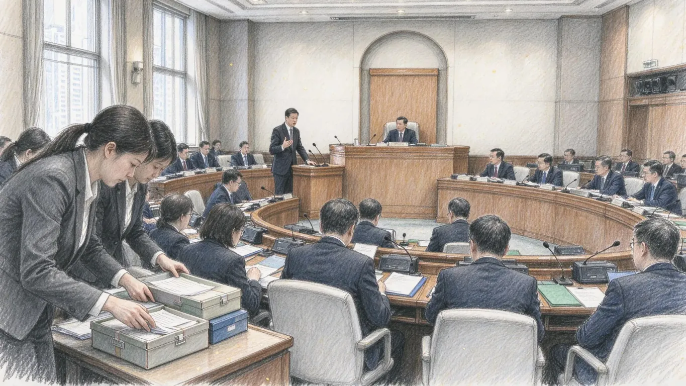 Legislators in dark suits at curved desks in a council chamber, a member standing to speak and staff handling ballot boxes in the foreground.
