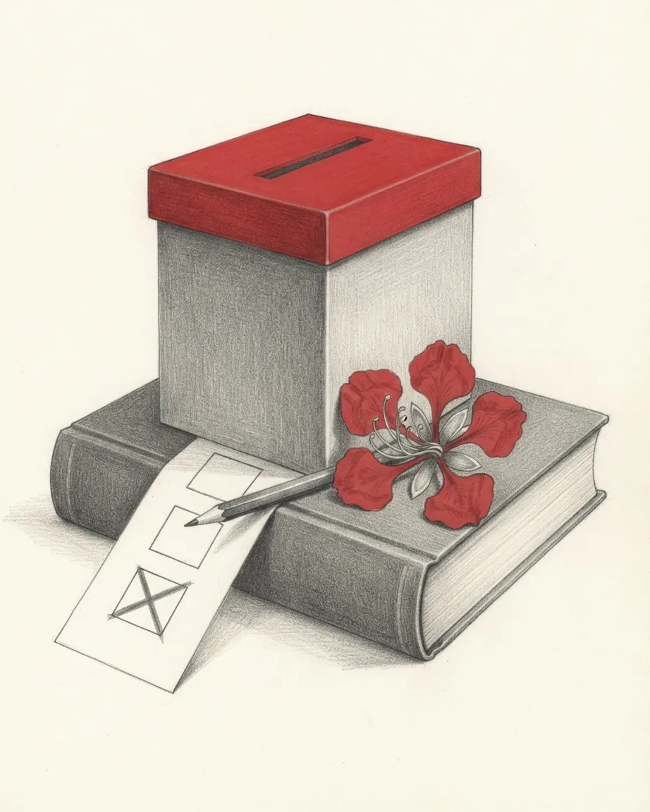 A ballot box with a red lid on a thick closed law book, a ballot paper marked with crosses, a pencil and a red bauhinia flower.