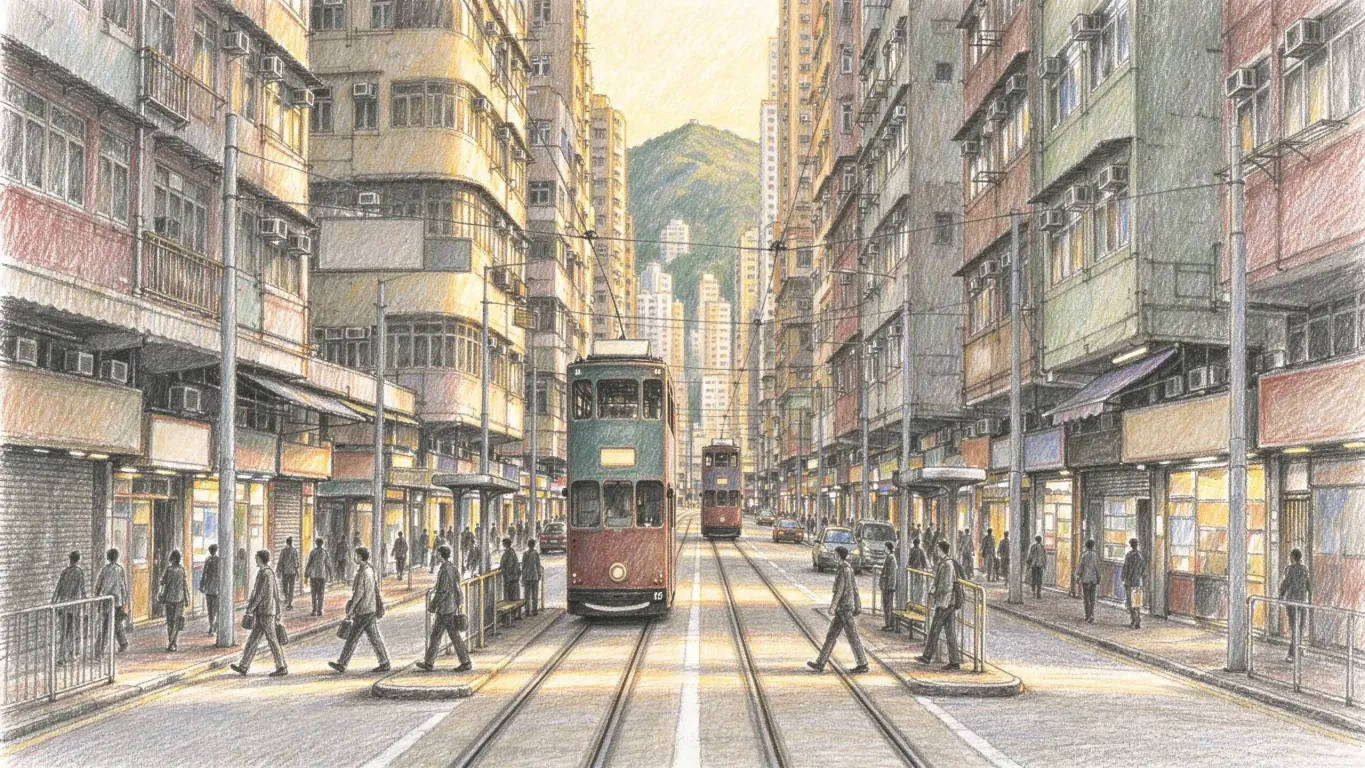 Double-deck trams run along a street lined with tall old tenement blocks and shops, people crossing the tracks in late afternoon light.