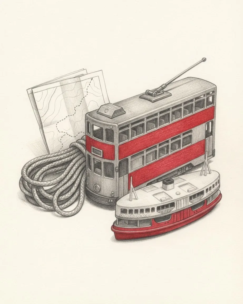 A model double-deck tram with a red stripe, a small ferry, a coil of rope and a folded paper map.