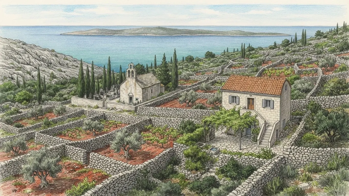 A stony Croatian hillside above the sea in coloured pencil over graphite. In front, thick drystone walls enclose small pockets of red soil, each holding a few olive trees or a row of vines, the grey walls running across the slope as a net. In the middle stand a small pale stone church with a two-arched bell gable and a walled graveyard of cypresses, and a stone house with a red tiled roof, grey shutters, an outside stair and a vine over its paved yard. Behind them bare limestone slopes run down to a clear blue-green sea with a long low island lying offshore.
