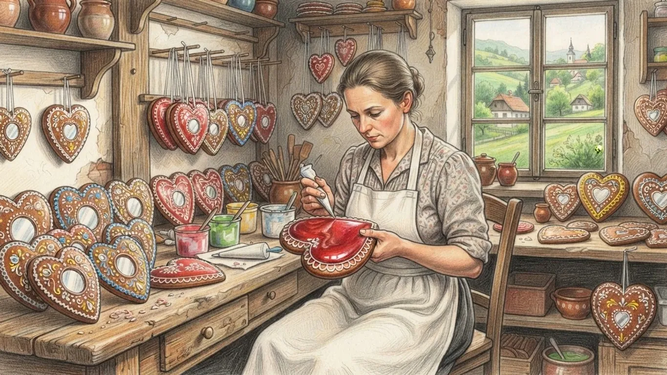 A woman decorating gingerbread hearts in a workshop, drawn in coloured pencil over graphite. She sits at three-quarter length and off centre in a white apron, holding a large glossy red heart in one hand and piping a white border onto it with the other. Finished hearts with small mirrors in their centres stand along the table and hang from racks and pegs behind her, among pots of coloured icing, and a window beside her looks onto green hills, a village and a church spire.