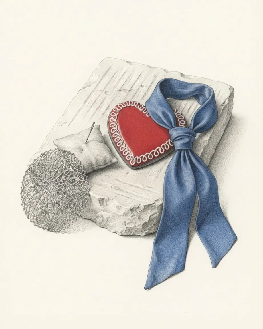 A slab of pale limestone worked with faint chisel marks, with a glazed gingerbread heart edged in piped white icing, a loosely knotted silk cravat, a round of needle lace and a small pincushion with a needle set on and against it, drawn in graphite with the red heart and blue cravat in colour.