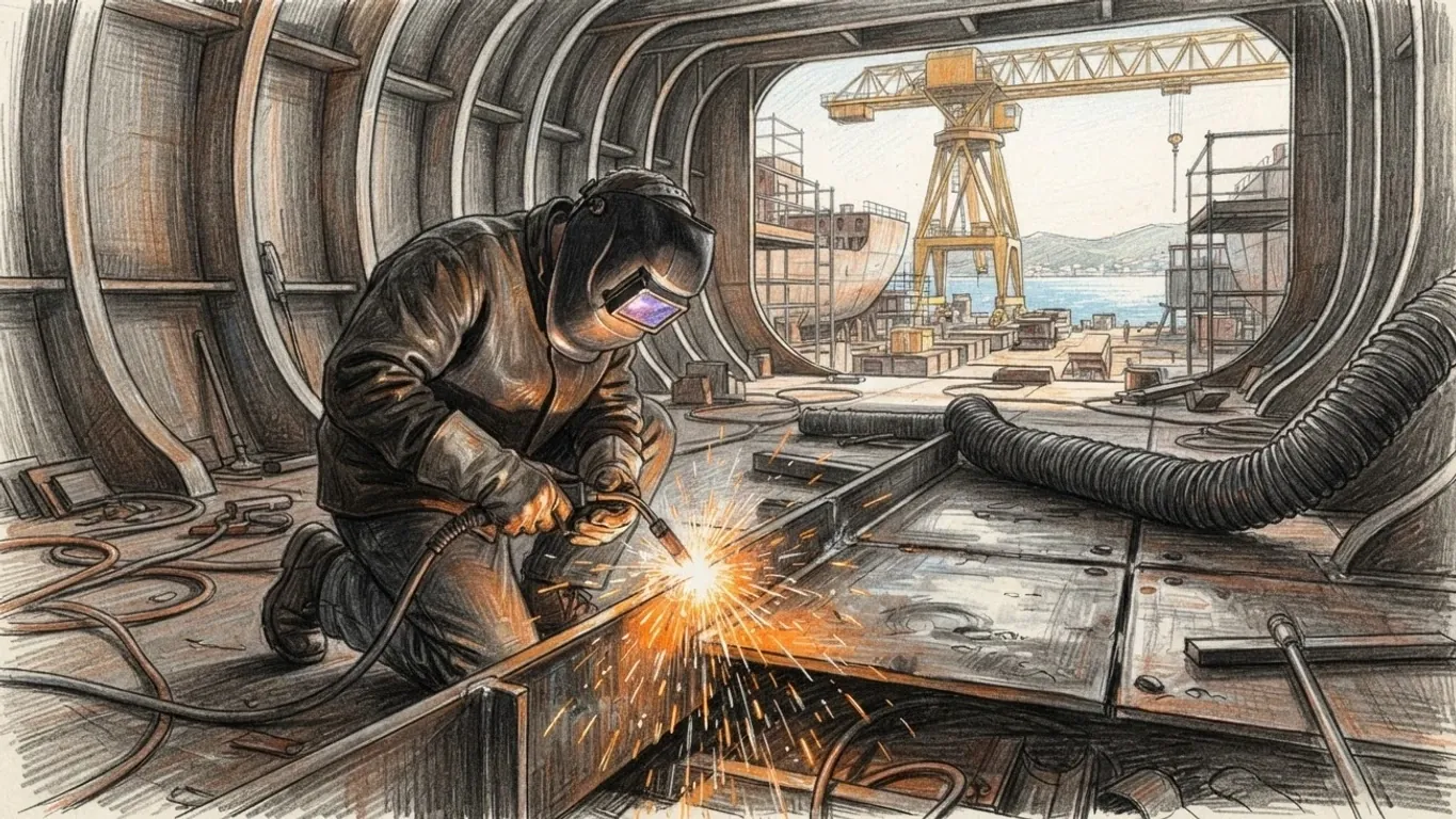 A welder at work inside a steel hull block under construction, drawn in coloured pencil over graphite. He kneels on a deck plate in a leather jacket, gloves and a full welding helmet, holding the torch to a seam as a spray of orange sparks falls across the steel, a thick ventilation hose curving past him. The curved frames of the hull close in on both sides, and through the open end of the block a yellow gantry crane, scaffolding and another hull stand in daylight beside the sea.