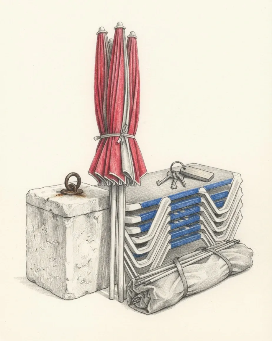 Three furled red beach parasols tied in a bundle and standing upright beside a block of pale limestone with a rusted iron mooring ring, next to a stack of white sun loungers with blue straps carrying a ring of three keys on a plain fob, with a bagged tent and its poles at the foot, drawn in graphite with the parasols and straps in colour.