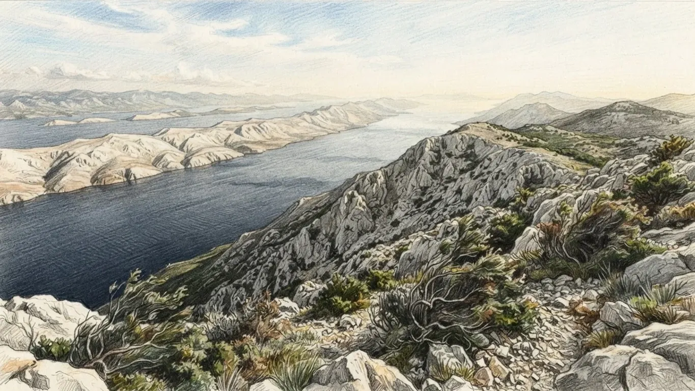 A karst coast seen from a high mountain ridge, drawn in coloured pencil over graphite. White limestone boulders, low juniper and wind-bent scrub fill the foreground, and a bare rocky spur falls steeply to a narrow channel of dark blue sea. Across the channel a long bare island of pale stone runs into the distance, with more islands and hills fading into the haze behind it. Nothing built appears anywhere in the picture.