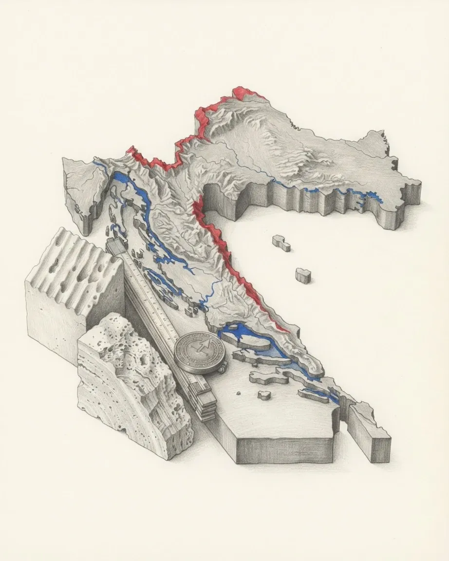 A cast relief model of Croatia drawn in graphite, bent into a horseshoe with a flat plain on one arm and a long broken coast on the other, its rivers and coastal waters in blue and the ridges along its inner edge in red, with a block of fluted limestone, a slab of porous tufa, a folding rule and a benchmark disc set against it.