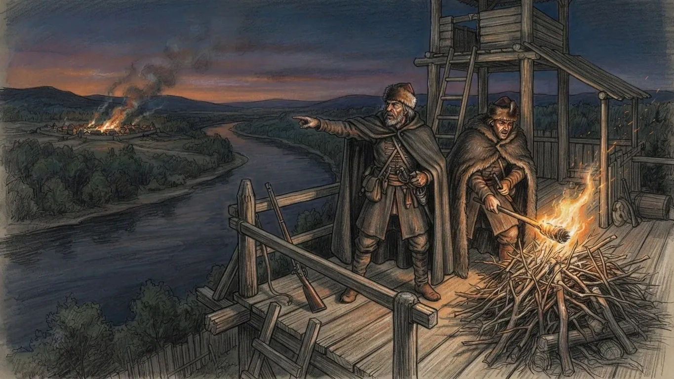 Two frontier guards on the platform of a wooden watchtower at dusk, drawn in coloured pencil over graphite. Both wear long cloaks and fur caps; one points across the river while the other thrusts a burning torch into a stack of brushwood, and a musket leans against the rail beside them. Below, a wide river winds between wooded banks, and on the far side a settlement burns with smoke rising into an orange and dark blue sky.