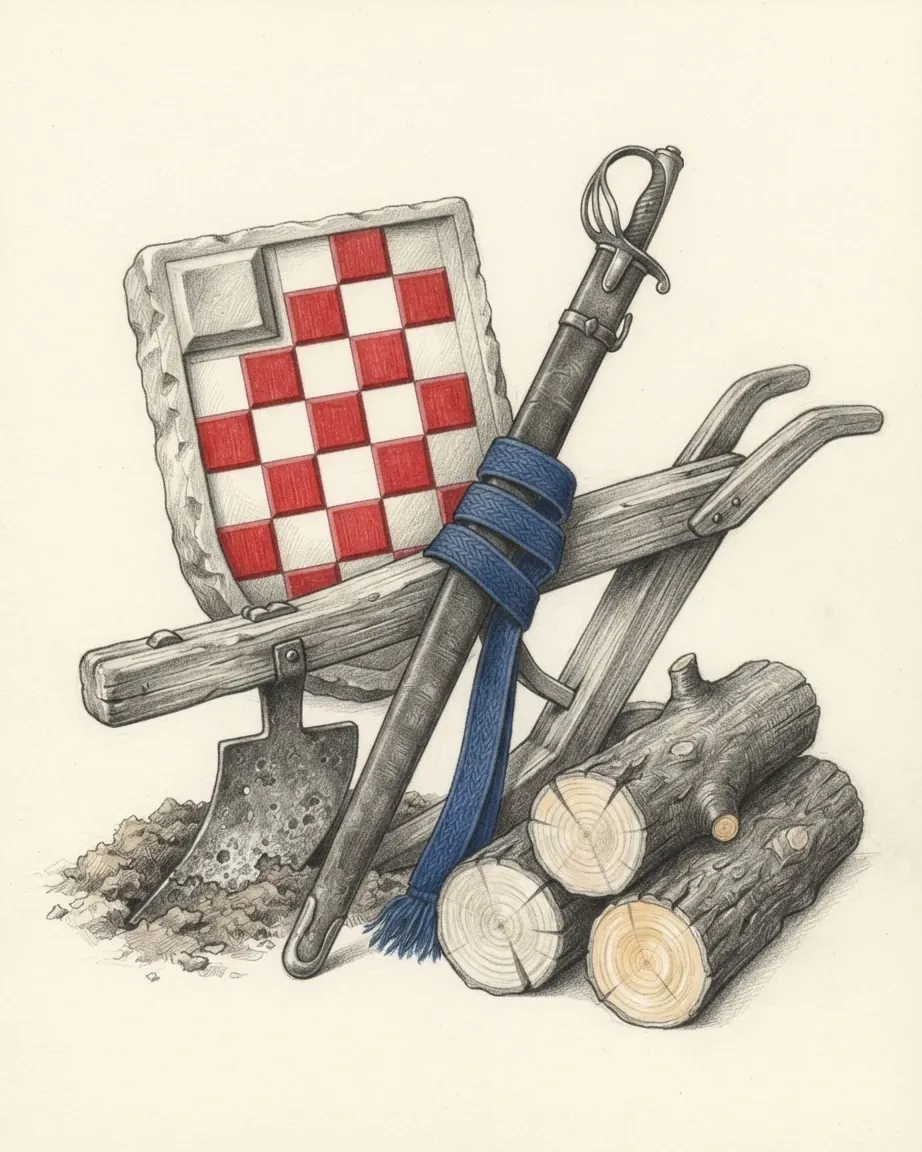 A wooden plough with a pitted iron share, a sabre in a dark scabbard wound with a blue woven sash, a carved stone shield and three freshly sawn logs set down together, drawn in graphite with the red and white chequers of the shield and the blue sash in colour.