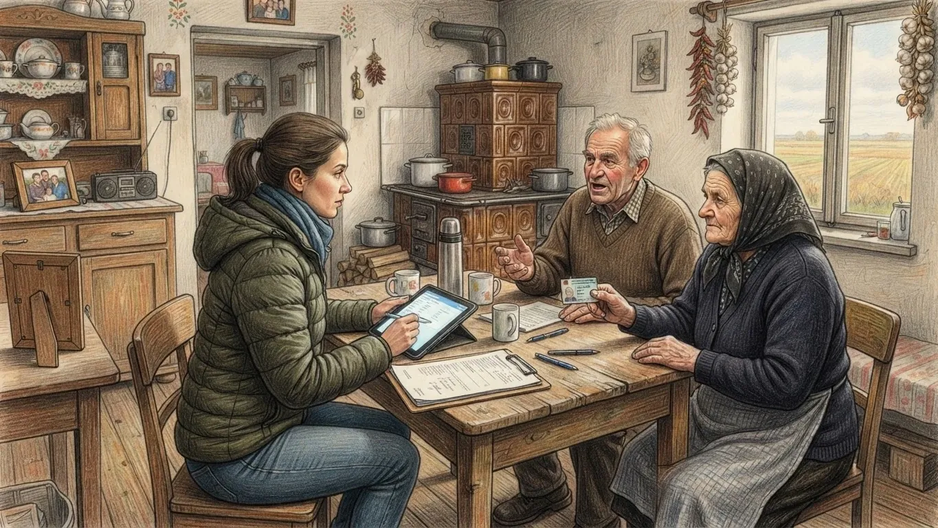 A census visit in a farmhouse kitchen, drawn in coloured pencil over graphite. At a wooden table a young woman in a green padded jacket writes on a tablet with a clipboard of forms beside her, while an elderly man in a brown jumper answers with an open hand and an elderly woman in a headscarf holds up an identity card. Behind them stand a brown tiled stove with pots on its top, a dresser of crockery and a window hung with strings of red peppers and garlic, looking out onto flat fields. A framed picture stands turned away on a side table in front.
