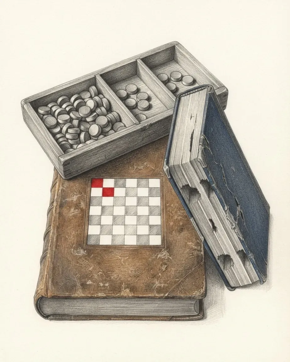 A heavy leather-bound volume with an inlaid panel of small chequered tiles, a blue cloth-bound volume leaning against it with gaps cut into its page block, and a divided wooden tray of counting tokens resting across both, drawn in graphite with the two corner tiles in red and the blue binding in colour.